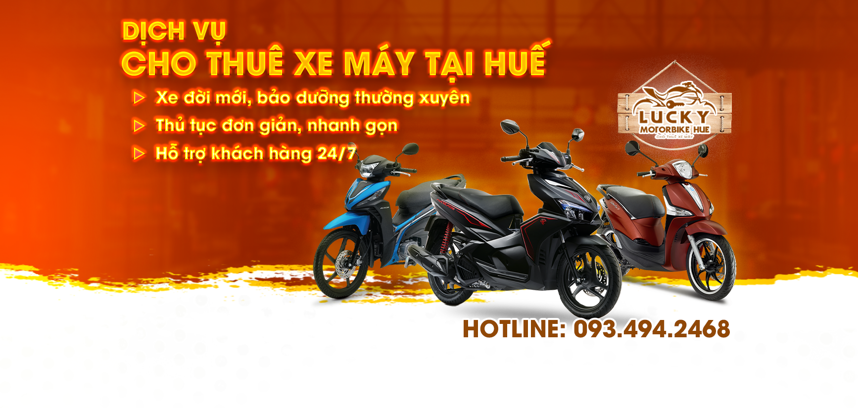 Liên hệ Lucky Travel Car khi cần thuê xe máy tự lái, thuê xe ga, xe điện tại Huế